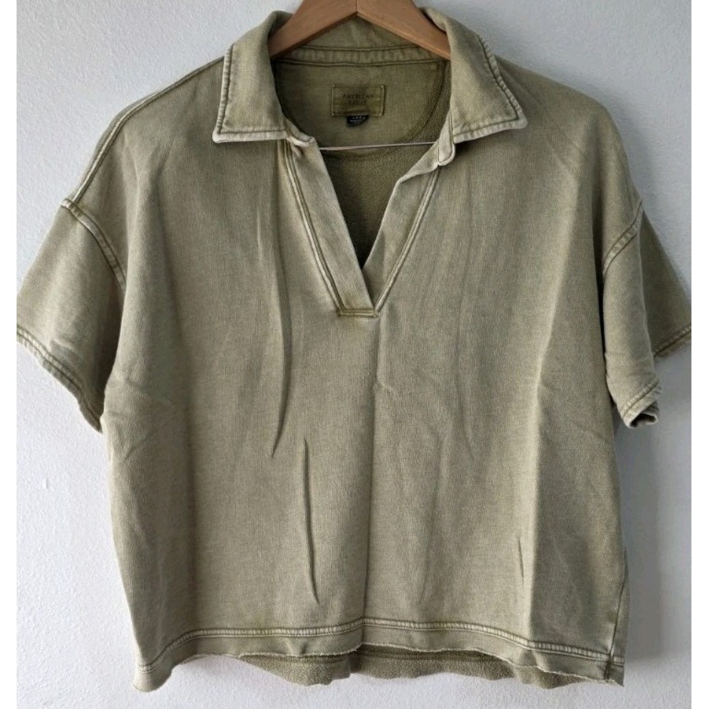 American Eagle Faded Olive V-Neck Pullover Oversized Sweatshirt Womens Sz L Crop